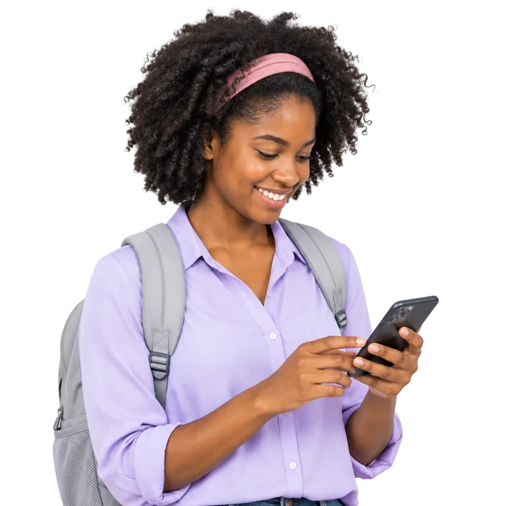 Smiling DarlTech student with a backpack checking her course on her phone